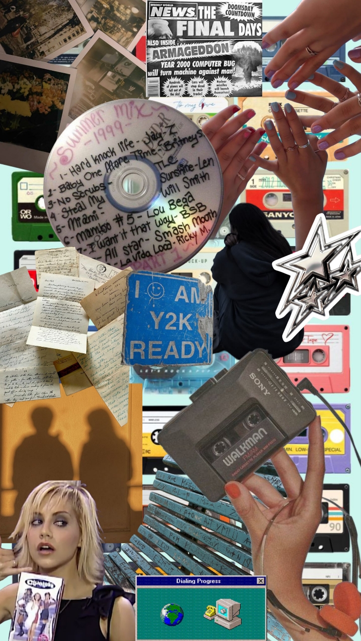 Images from the 1990s including a CD, a Walkman, mixtapes, letters, and a blonde woman